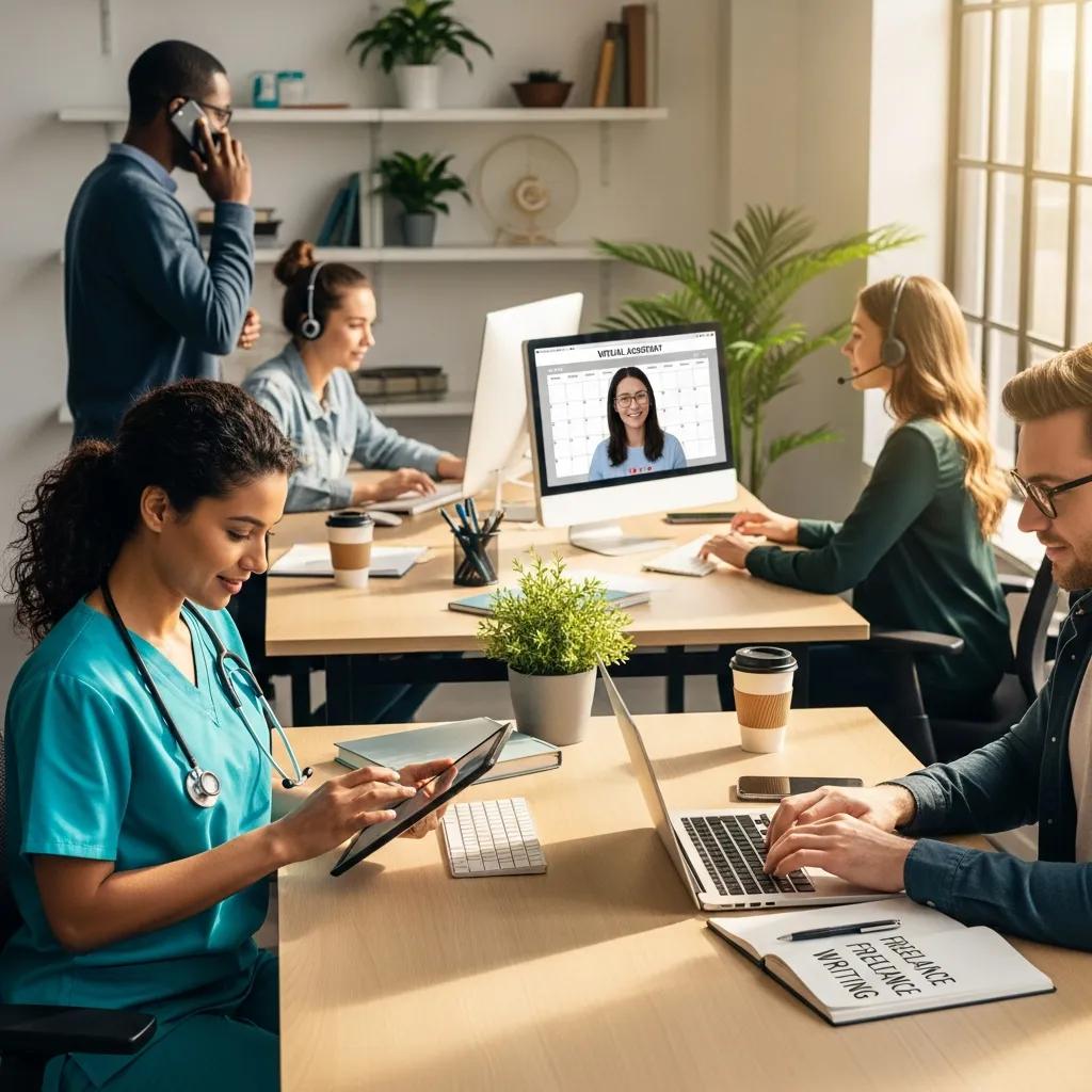 Diverse professionals engaged in high-paying part-time jobs in a modern workspace