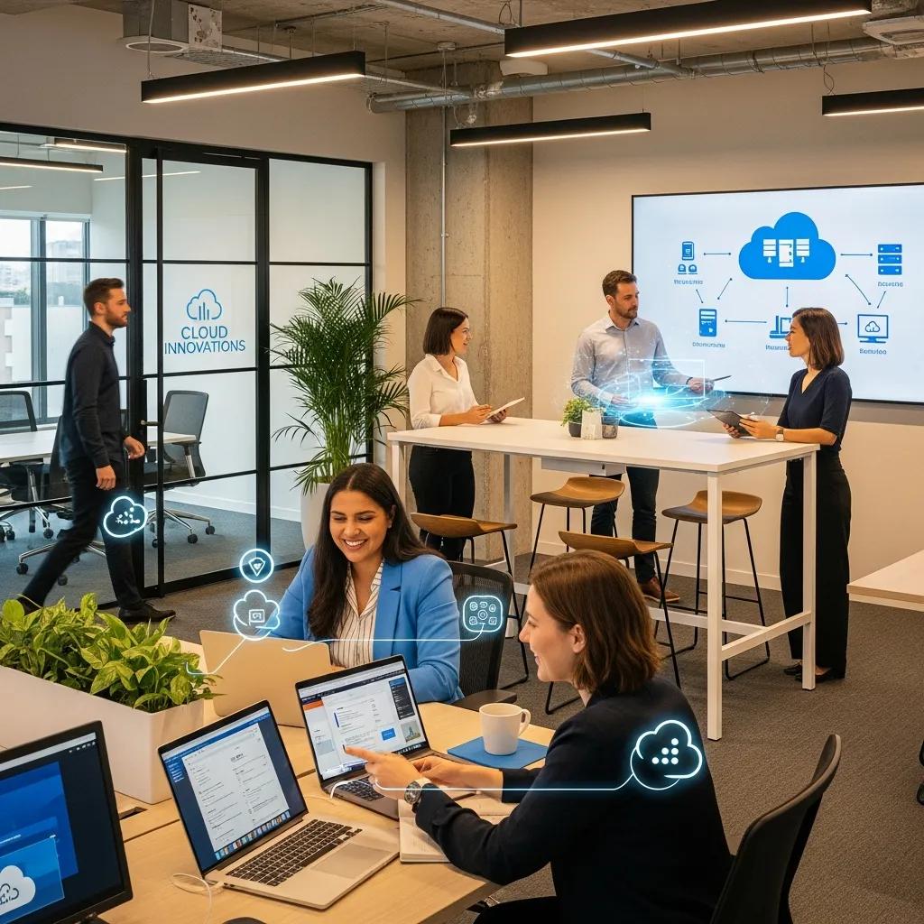 Modern office with employees using advanced technology for IT infrastructure